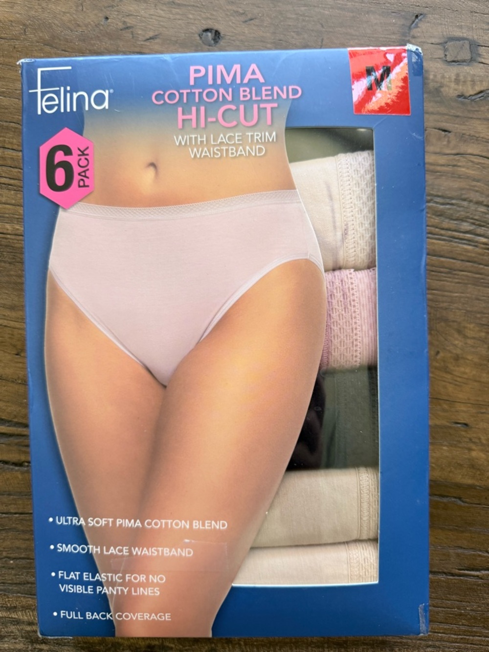 Felina Pima Cotton Blend Hi-Cut Panties - Sz M (6 pack) neutrals